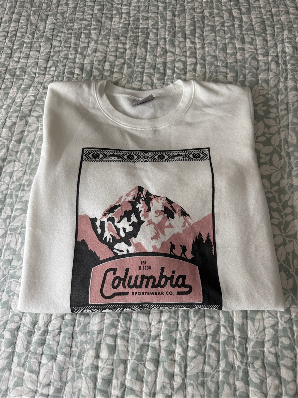Columbia White Sweatshirt with Pink & Black Mountain Graphic